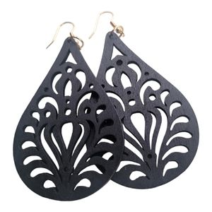 Vintage Water Drop Flower Design Black Wood Earrings.